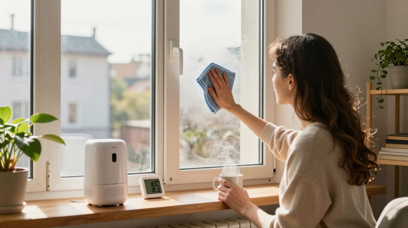 Mulher limpa janela dentro de casa com pano azul e segura caneca, junto a plantas e medidor digital.