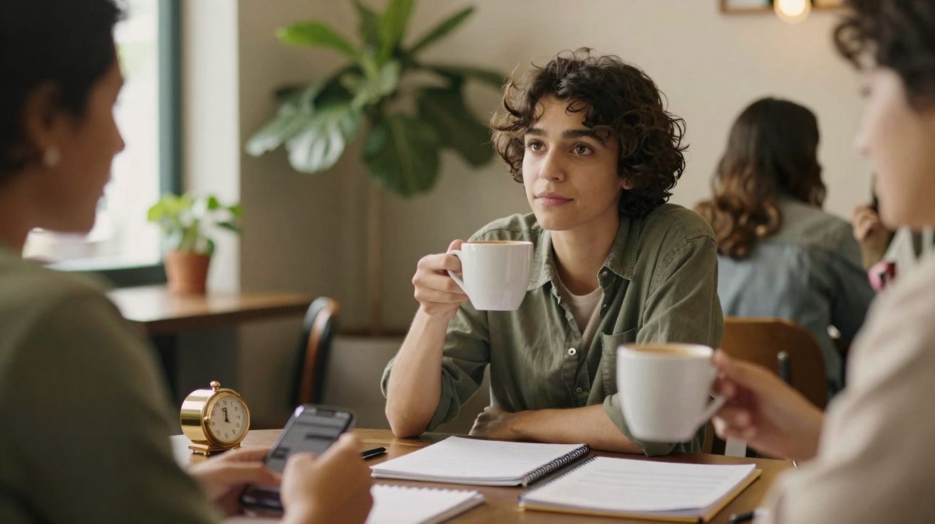 Jovem com chá na mão numa reunião informal, rodeada de cadernos e pessoas num ambiente luminoso e relaxado.