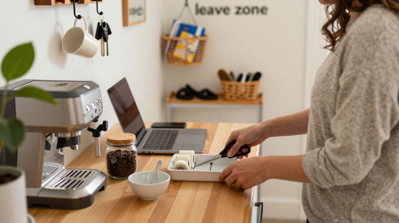 Pessoa a abrir fita adesiva numa bancada de cozinha com máquina de café, computador portátil e utensílios.