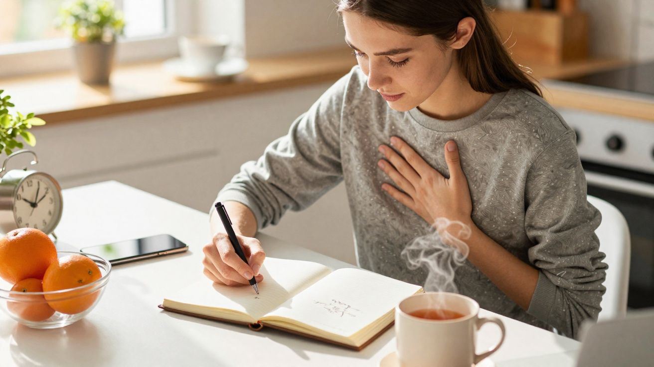 Mulher sentada à mesa a escrever num caderno, com chá quente, fruta e despertador ao lado, de manhã.