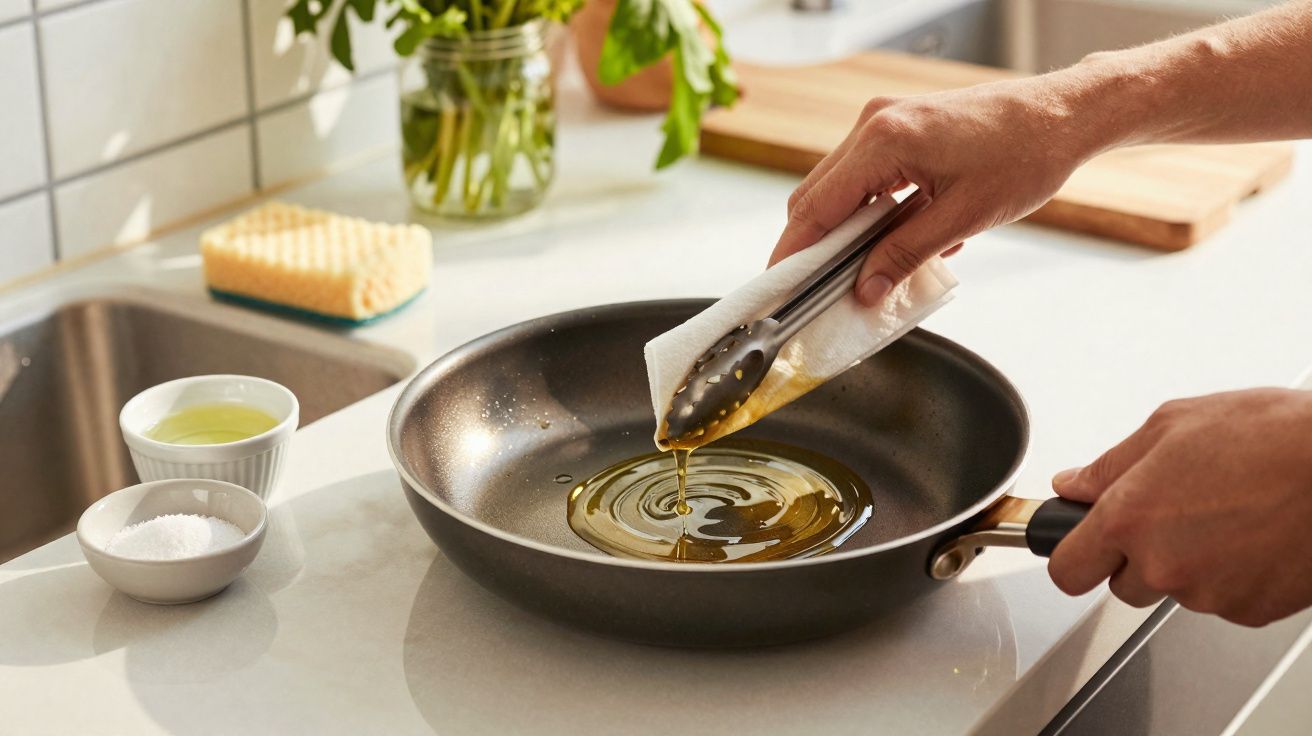 Mãos a verter azeite numa frigideira preta numa cozinha clara, com temperos e esponja ao fundo.