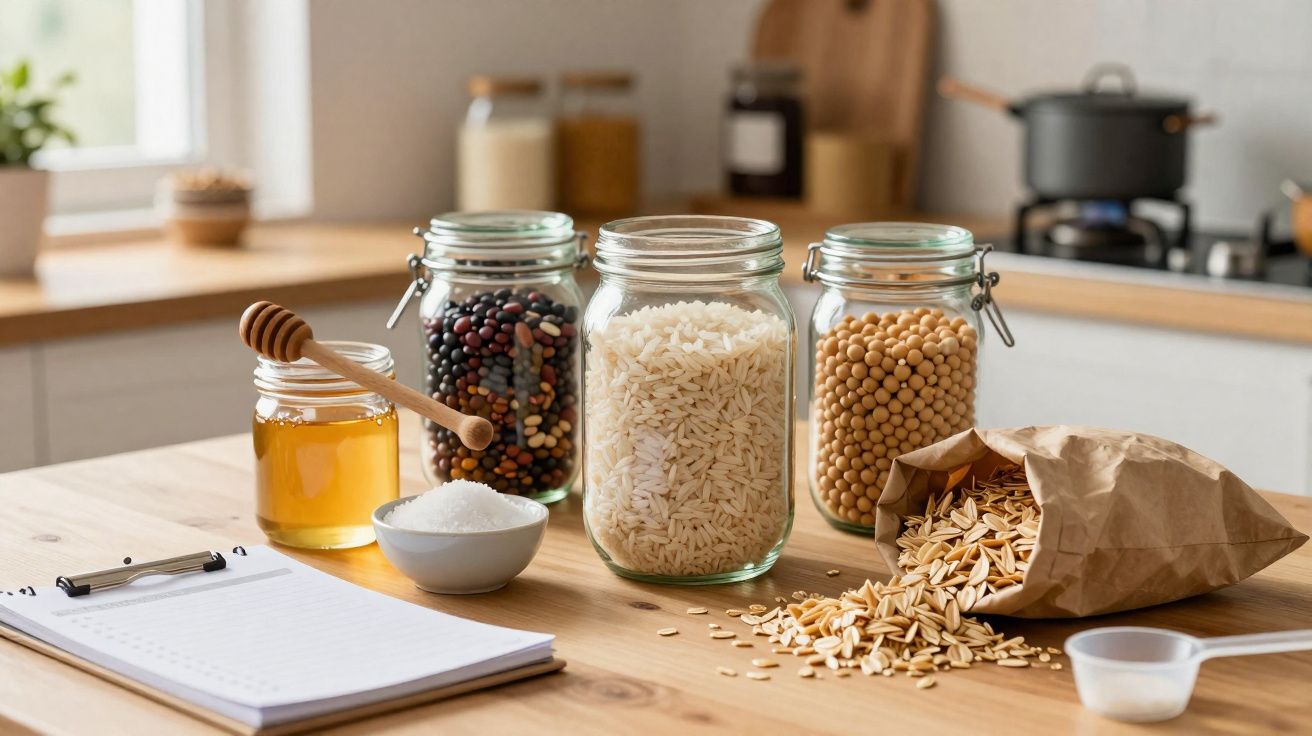 Frascos de vidro com feijão, arroz e grão-de-bico, mel, caderno e saco de sementes numa cozinha iluminada.