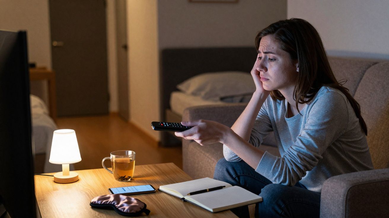 Mulher preocupada sentada no sofá com comando, perto de telemóvel, chá e caderno numa mesa de madeira.