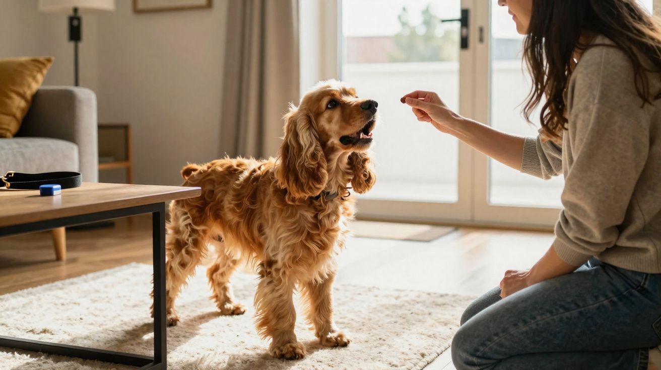 Mulher a treinar um cão castanho com um petisco numa sala iluminada e acolhedora.