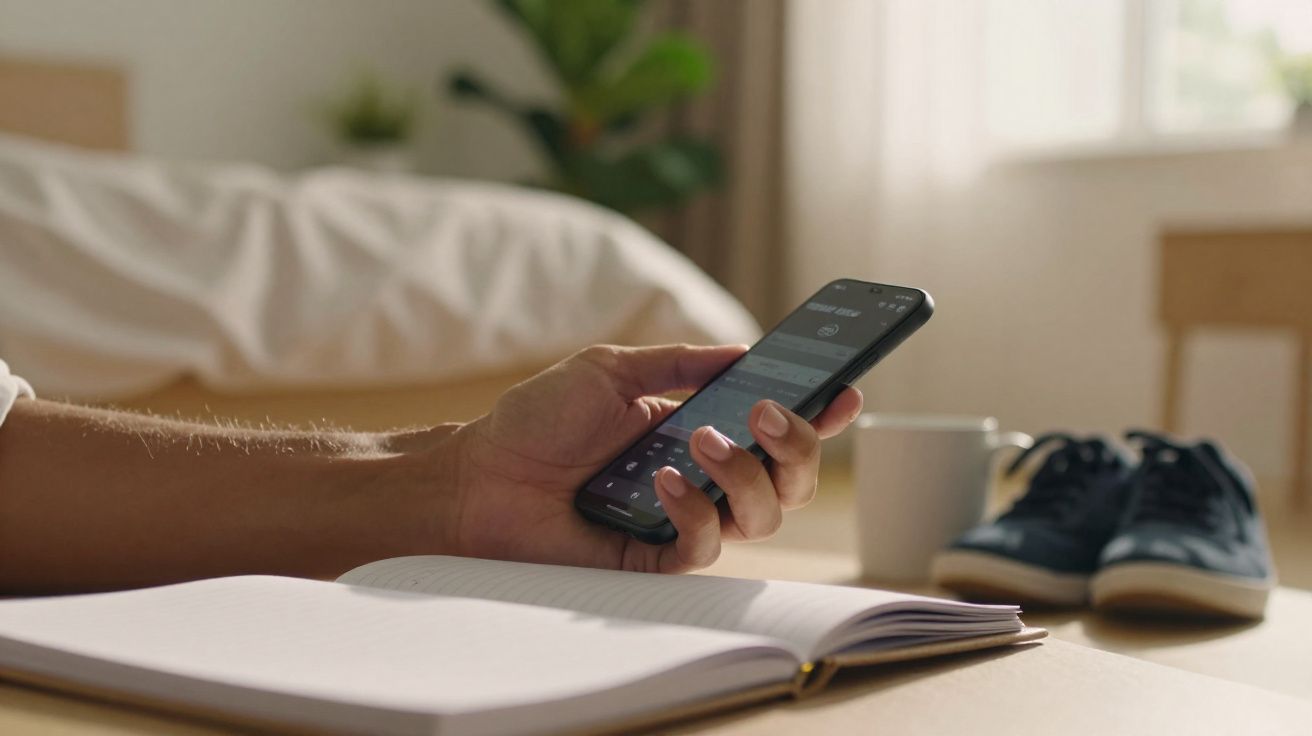 Pessoa a segurar telemóvel com aplicação aberta, livro aberto e ténis desfocados numa mesa interior.