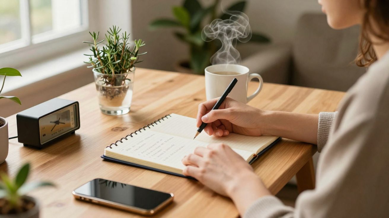 Pessoa a escrever num caderno numa mesa de madeira com plantas, relógio, telemóvel e chá quente a fumegar.