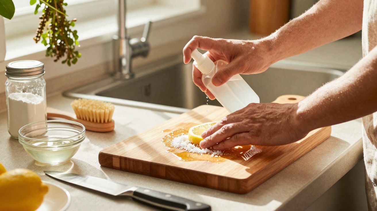 Mãos a borrifar líquido sobre meio limão com sal numa tábua de cozinha junto a pia e utensílios.