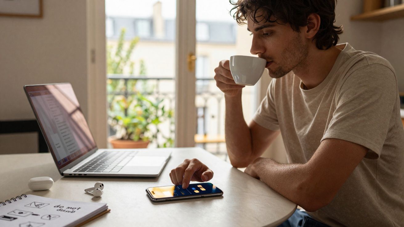 Homem sentado numa mesa, a beber café e a usar smartphone, com portátil aberto e cadernos ao lado.