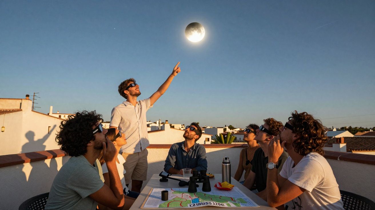 Grupo de pessoas num terraço a observar um eclipse lunar ao entardecer usando óculos especiais.