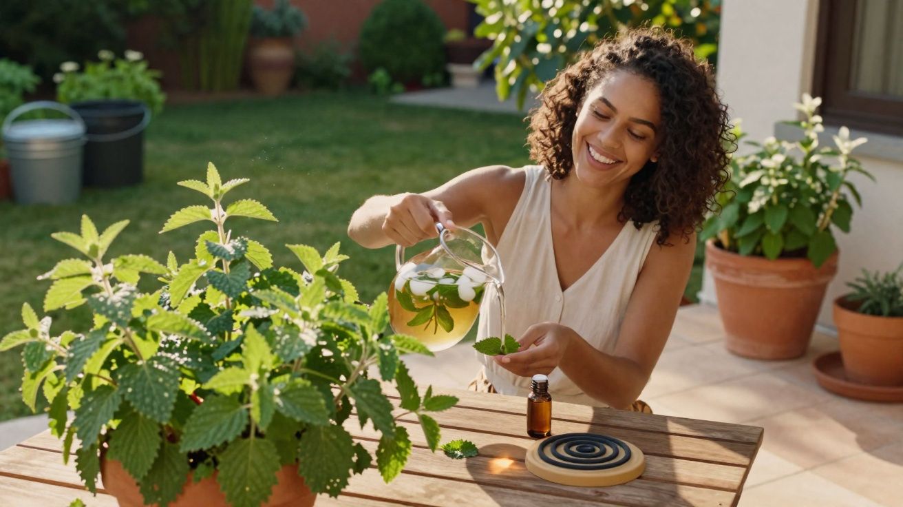 Mulher sorridente a preparar infusão de plantas frescas numa mesa ao ar livre.