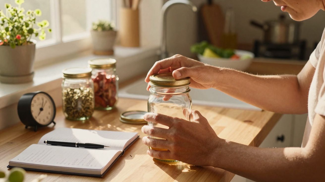 Pessoa a fechar um frasco de vidro numa cozinha com caderno, plantas e relógio perto da janela.