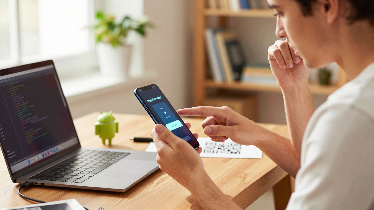Pessoa a usar telemóvel para instalar aplicação, com computador portátil e miniatura Android na secretária.