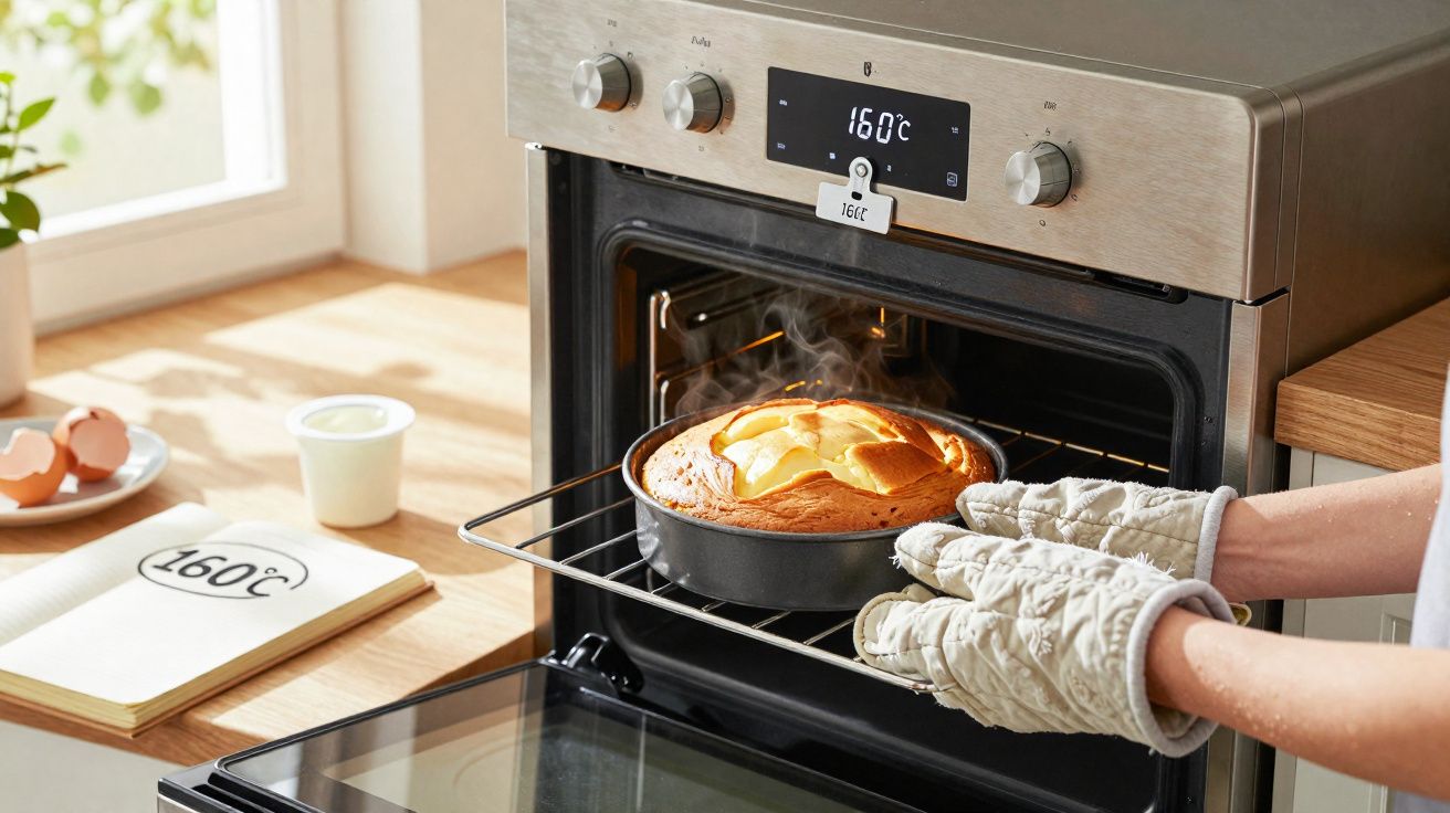 Pessoa a retirar bolo quente do forno a 160°C com luvas térmicas numa cozinha iluminada pela janela.