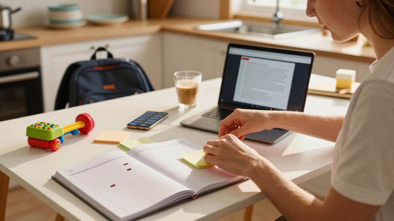 Pessoa a trabalhar numa cozinha com portátil, caderno, telemóvel, café e brinquedo num ambiente doméstico.