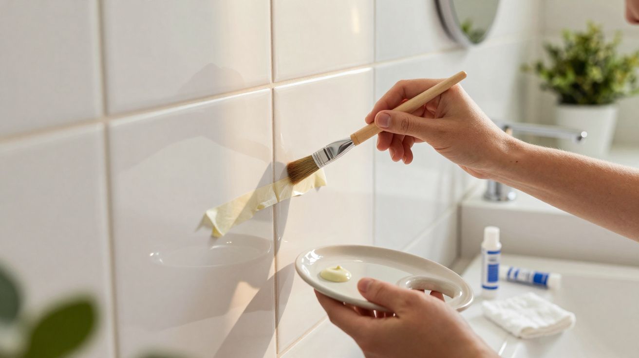 Mãos aplicam cola numa parede de azulejos para instalar um pedaço de fita adesiva num ambiente de casa de banho.