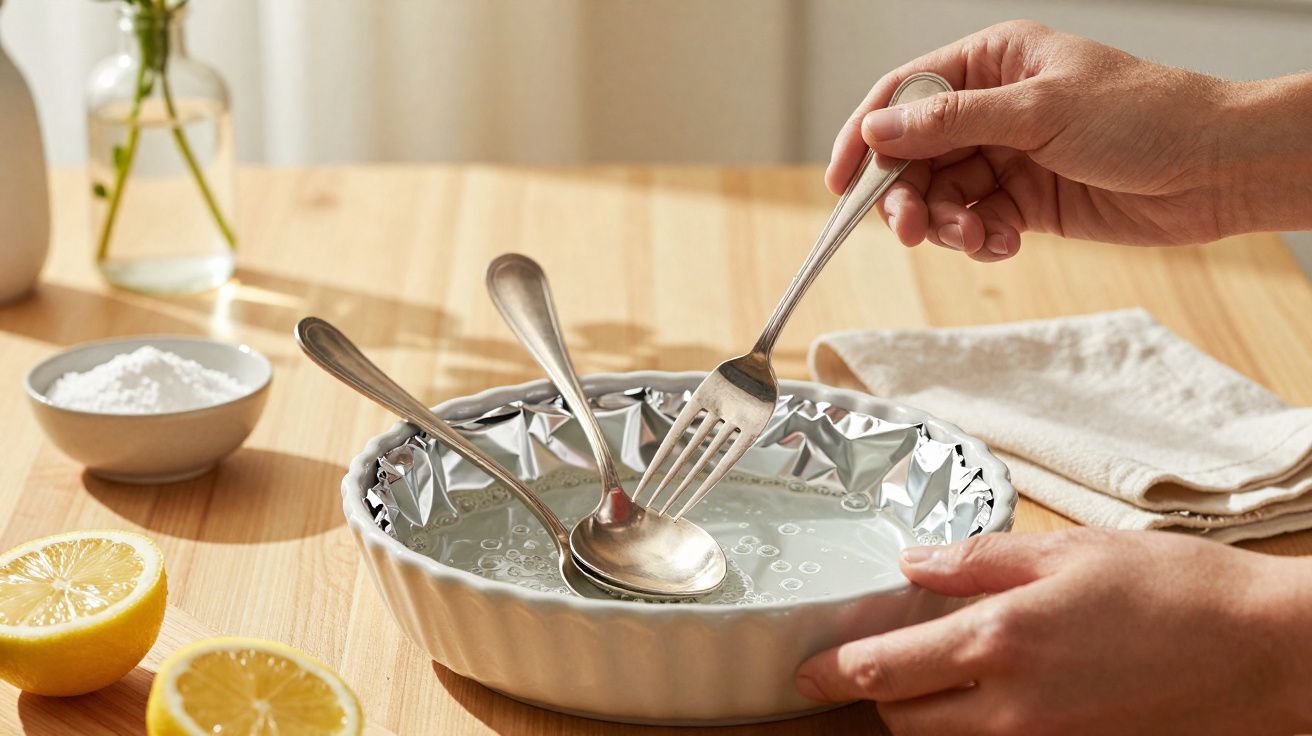 Pessoa a limpar talheres com limão e bicarbonato num recipiente com água numa mesa de madeira clara.