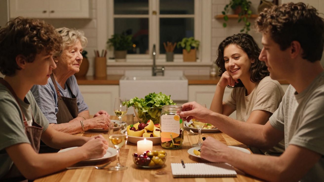 Família de quatro pessoas reunida à mesa a jantar, com comida, vinho e uma vela acesa no centro.