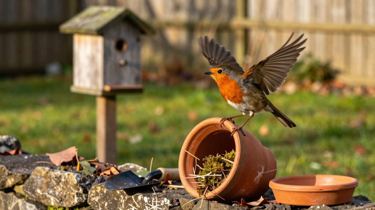 Pardal com peito laranja a levantar voo de um vaso de barro num jardim com casa de pássaros.