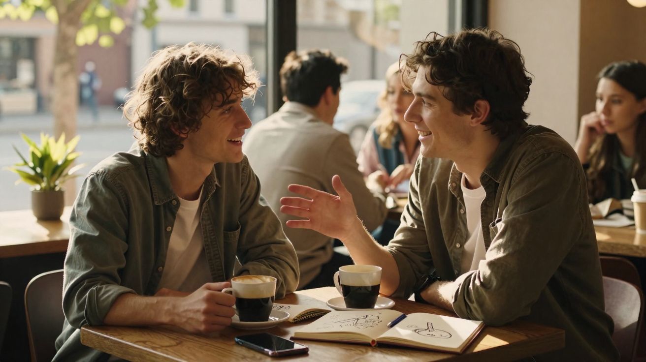 Dois jovens conversam animadamente enquanto tomam café e desenham num caderno num café iluminado.