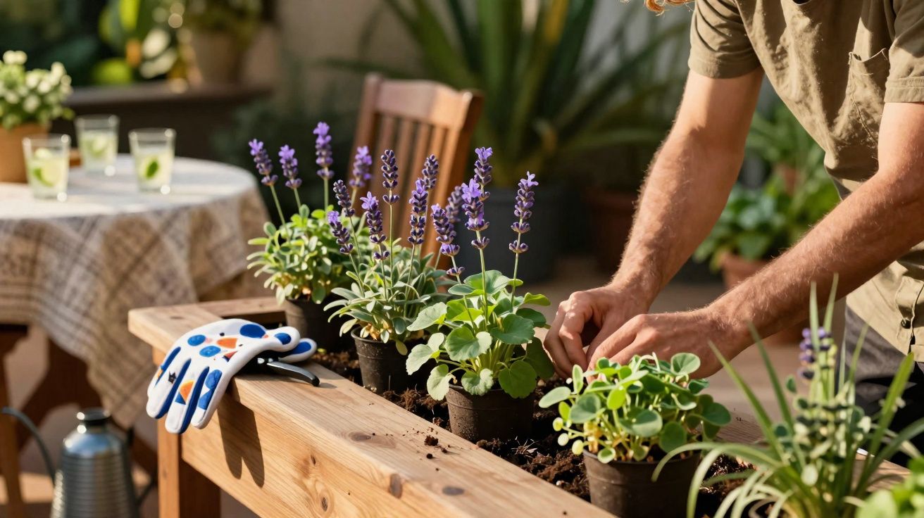 Pessoa a cuidar de plantas com flores roxas num jardim com mesa e cadeiras ao fundo.