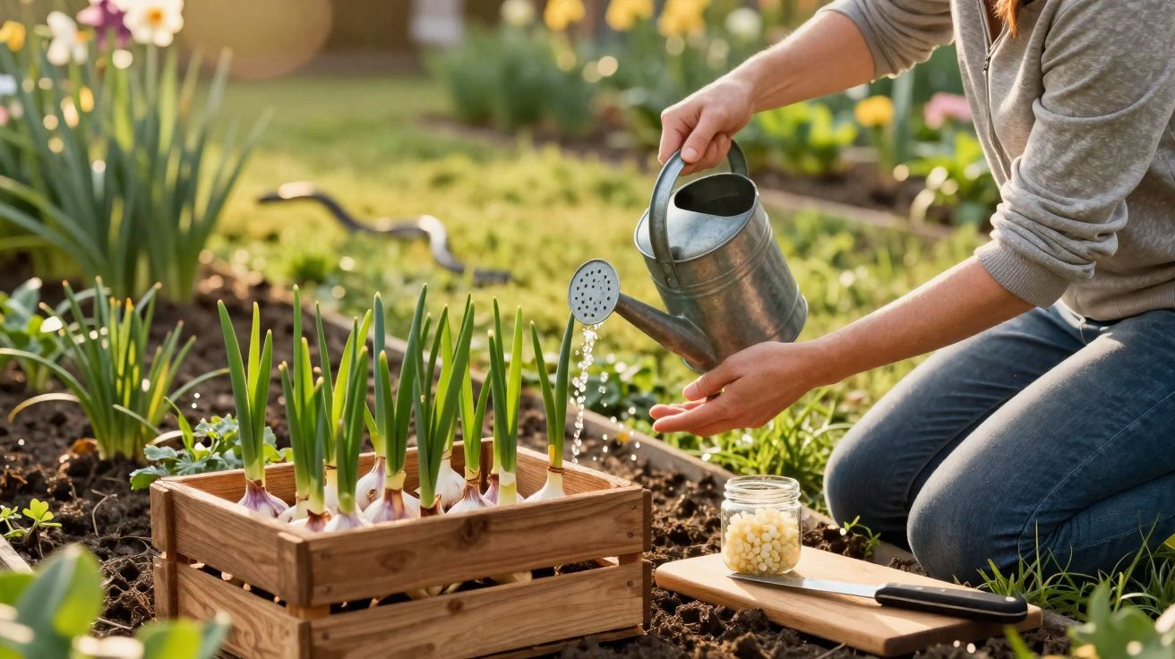 Pessoa a regar plantas numa horta com regador metálico durante o dia, com flores e legumes ao redor.