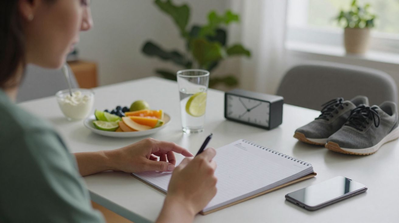 Pessoa a escrever num caderno numa mesa com frutas, relógio, telemóvel, copo de água e ténis cinzentos.