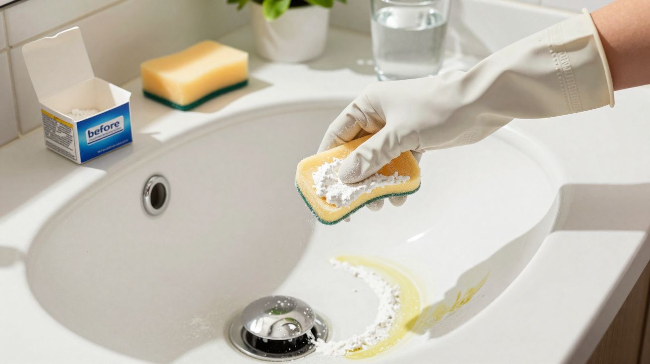 Mão com luva branca aplicando pó de limpeza numa esponja sobre lava-loiça sujo.