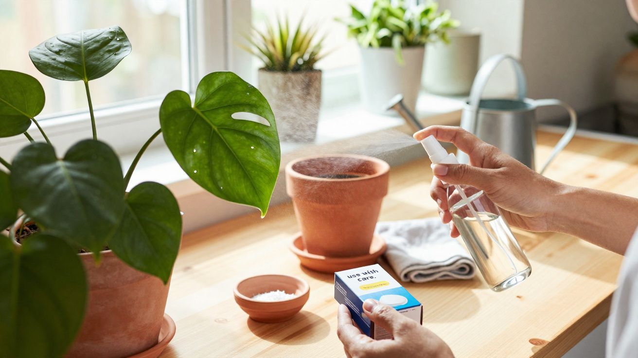 Pessoa a pulverizar planta com pulverizador de água numa janela com plantas em vasos.