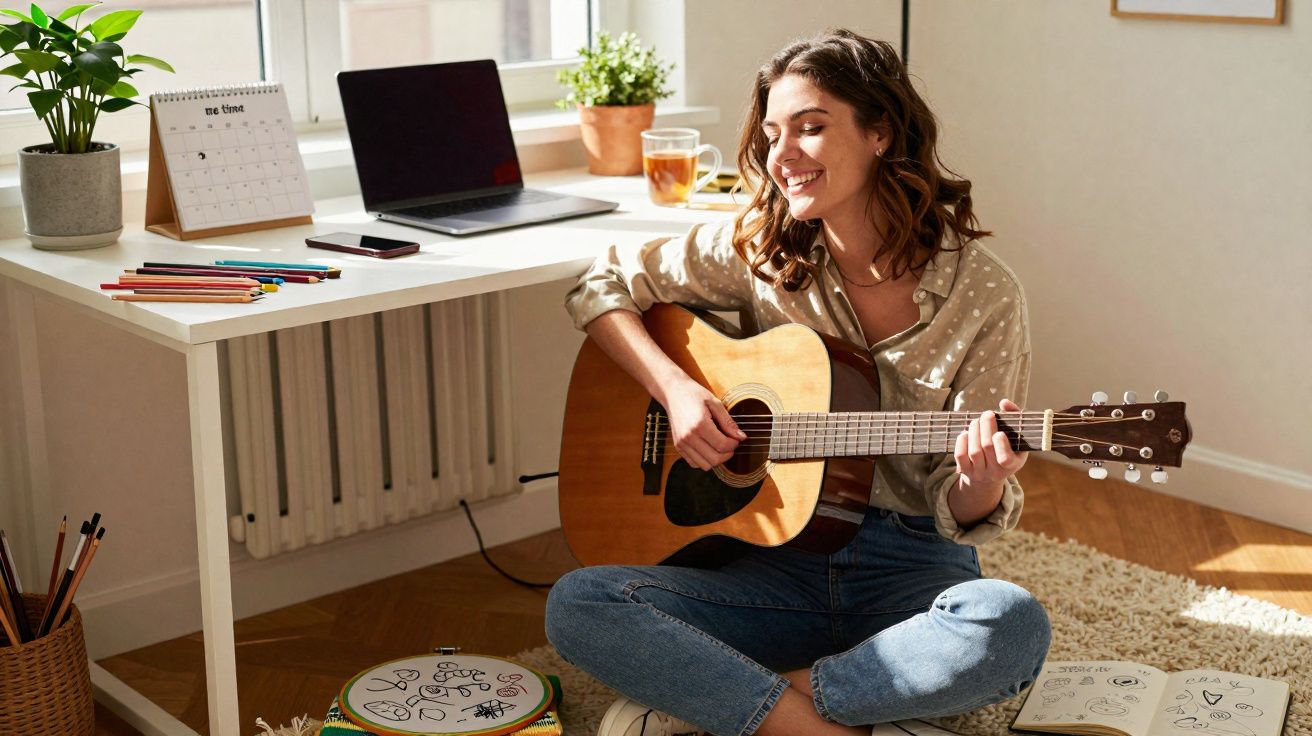 Mulher sentada no chão a tocar guitarra e sorrir, ao lado de secretária com computador e plantas.