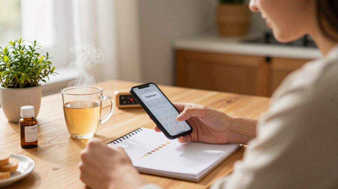 Pessoa a usar aplicação de monitorização da temperatura num smartphone, com chá quente numa mesa.