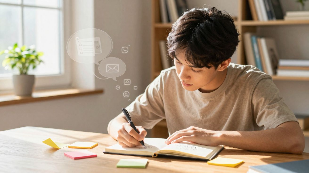 Jovem a escrever num caderno à mesa com notas adesivas coloridas num ambiente doméstico iluminado.