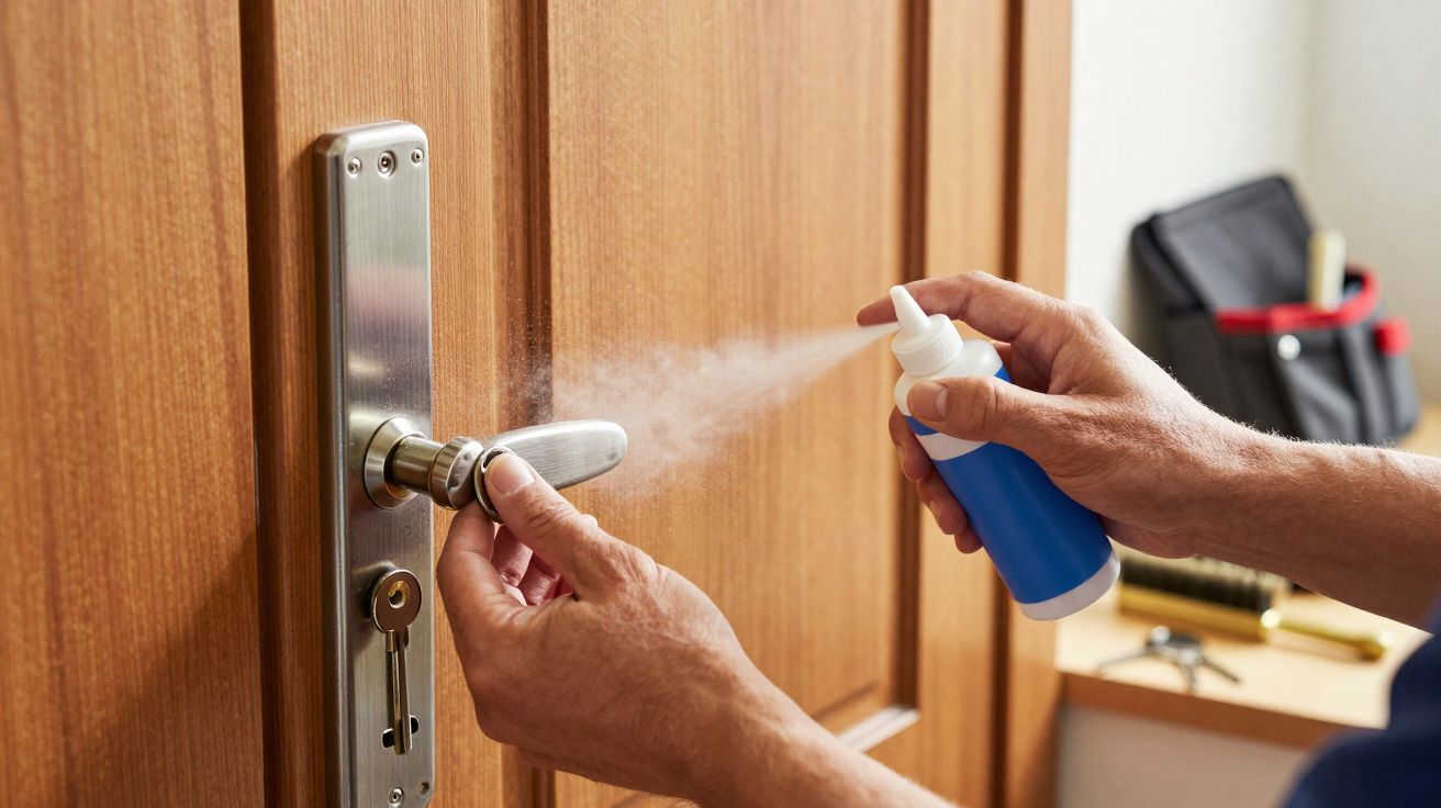 Pessoa a aplicar spray lubrificante numa fechadura de porta de madeira com chave inserida.