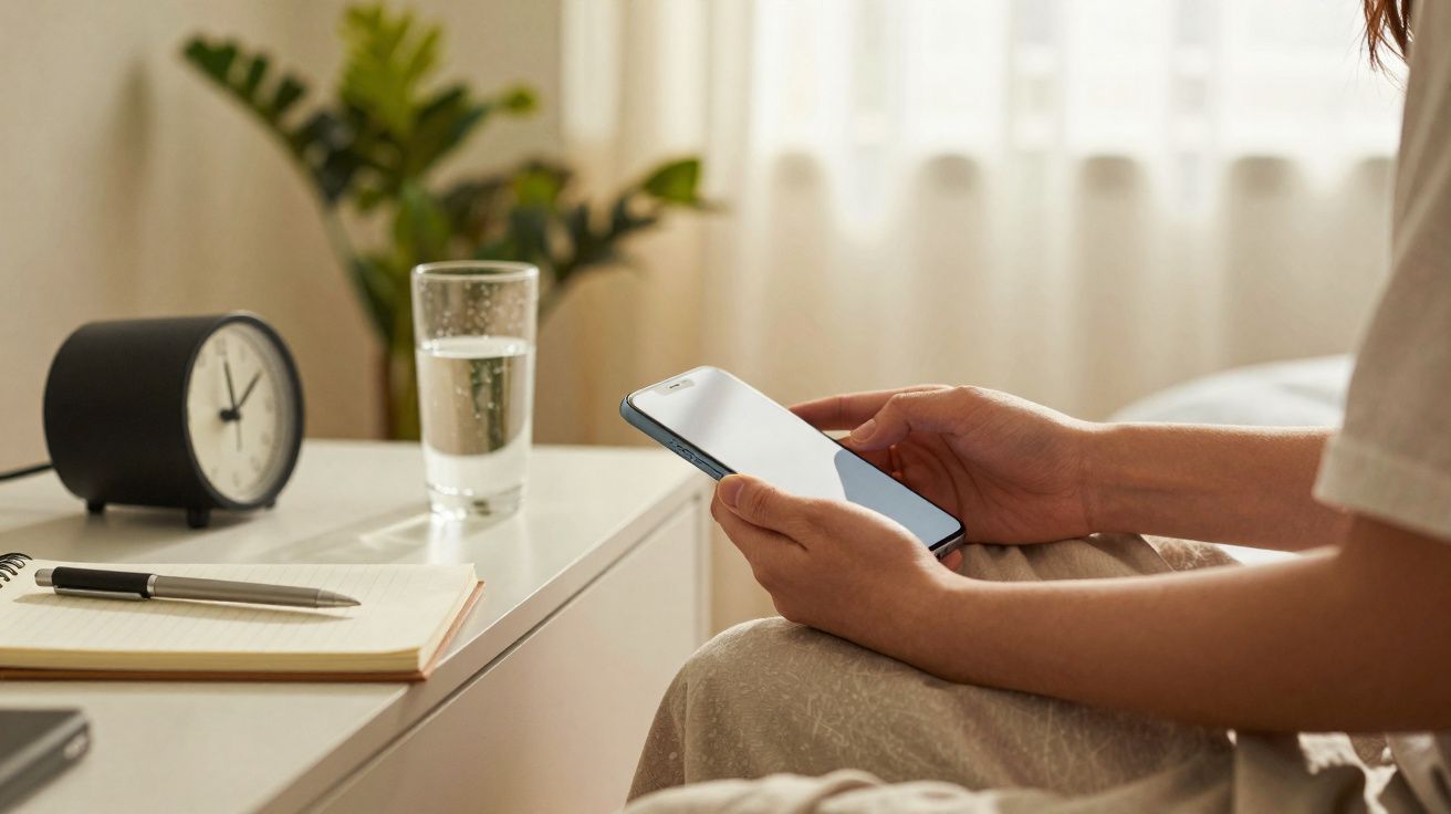 Pessoa sentada na cama a segurar um telemóvel, com um relógio, copo de água e caderno numa mesa de cabeceira.