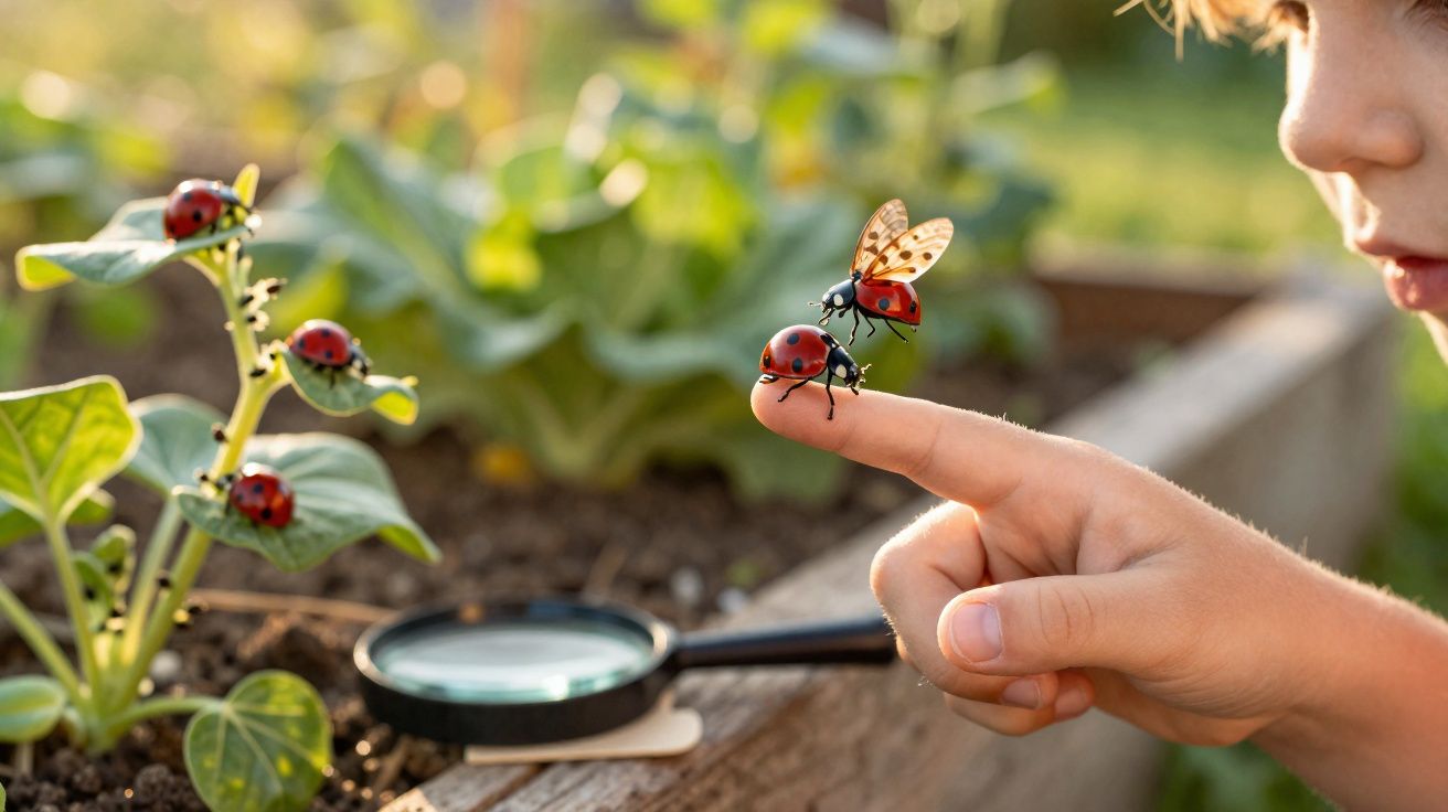 Criança observa joaninhas numa planta, com uma joaninha a levantar voo do seu dedo num jardim.