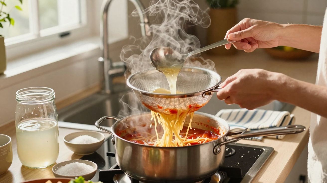 Pessoa a coar caldo sobre massa numa panela com sopa de tomate numa cozinha iluminada.