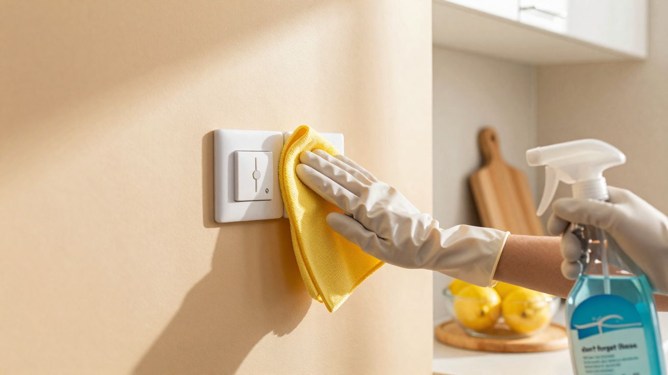Pessoa com luvas a limpar interruptor de luz com pano amarelo e spray de limpeza azul.