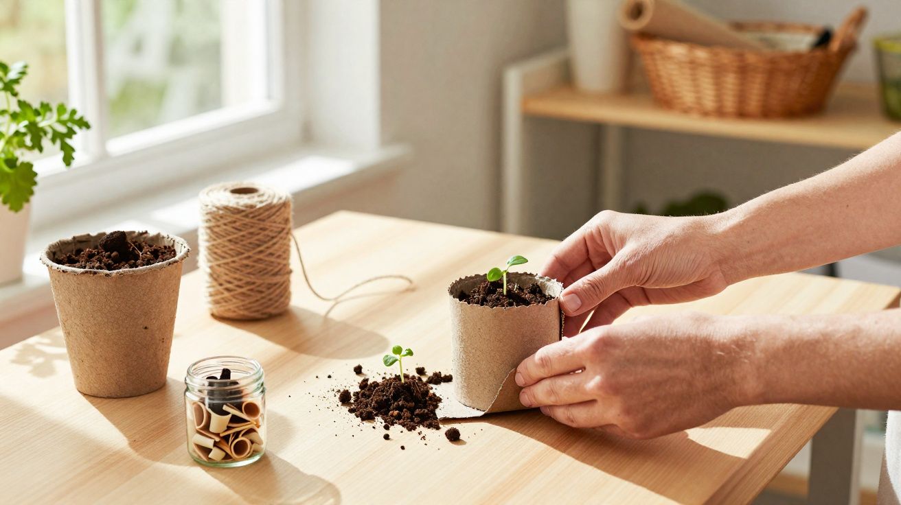 Mãos a transplantar mudas para vasos biodegradáveis numa mesa com terra e sementes perto da janela.