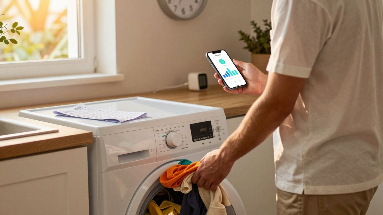 Pessoa a lavar roupa numa máquina automática usando uma aplicação móvel para controlar o ciclo de lavagem.