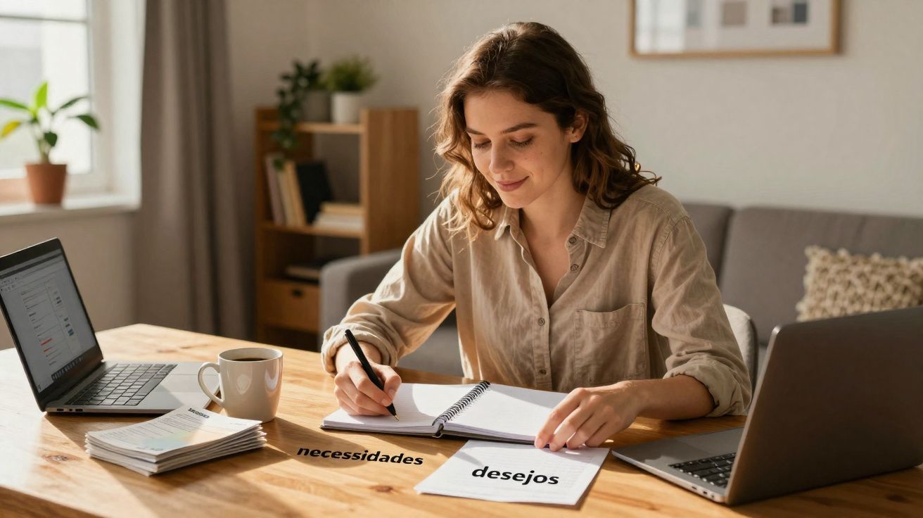 Mulher sentada a trabalhar numa mesa com dois portáteis, caderno e papéis com as palavras necessidades e desejos.