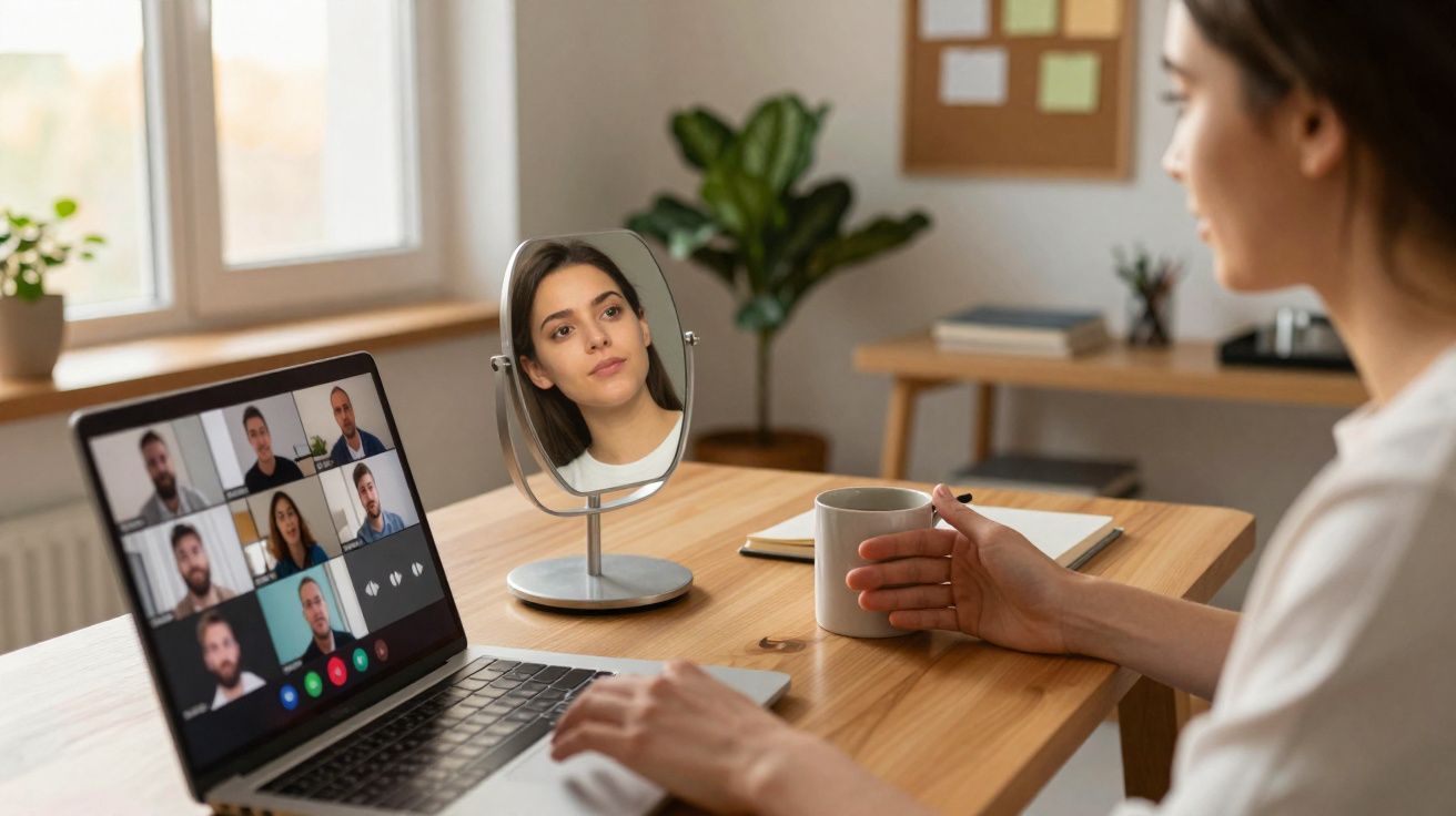 Mulher em videoconferência no laptop, segurando caneca, com espelho na secretária numa sala bem iluminada.