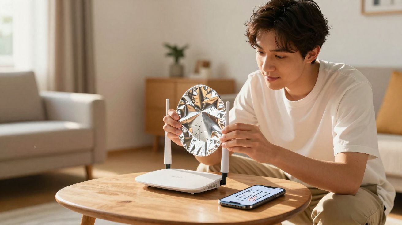 Homem jovem a segurar um equipamento electrónico ao lado de router e telemóvel numa sala de estar moderna.