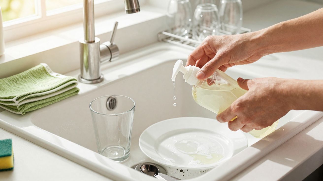 Mãos a aplicar detergente num prato branco numa pia de cozinha com copo vazio e toalhas verdes.