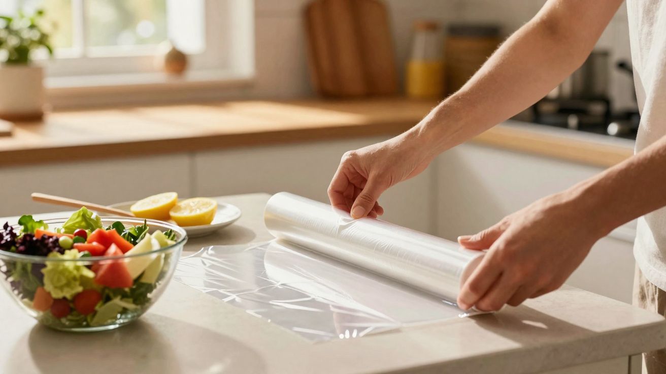 Pessoa a desenrolar película aderente numa bancada de cozinha com salada e limões ao lado.
