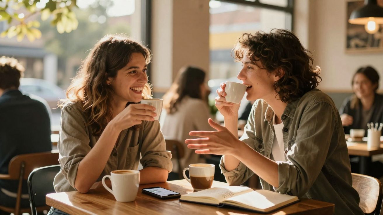 Duas mulheres a conversar e beber café numa cafetaria iluminada, com caderno e telemóvel na mesa.