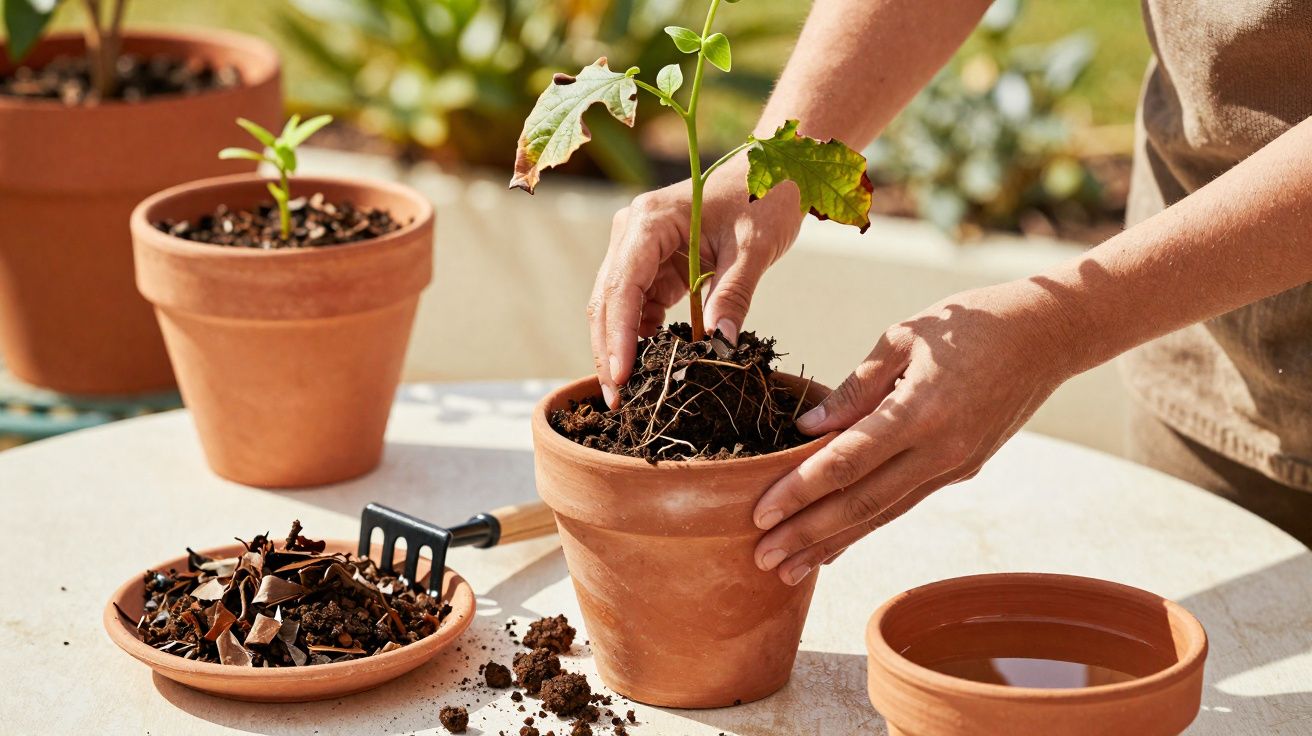 Mãos a transplantar muda para vaso de barro, com terra e ferramentas de jardinagem numa mesa ao ar livre.