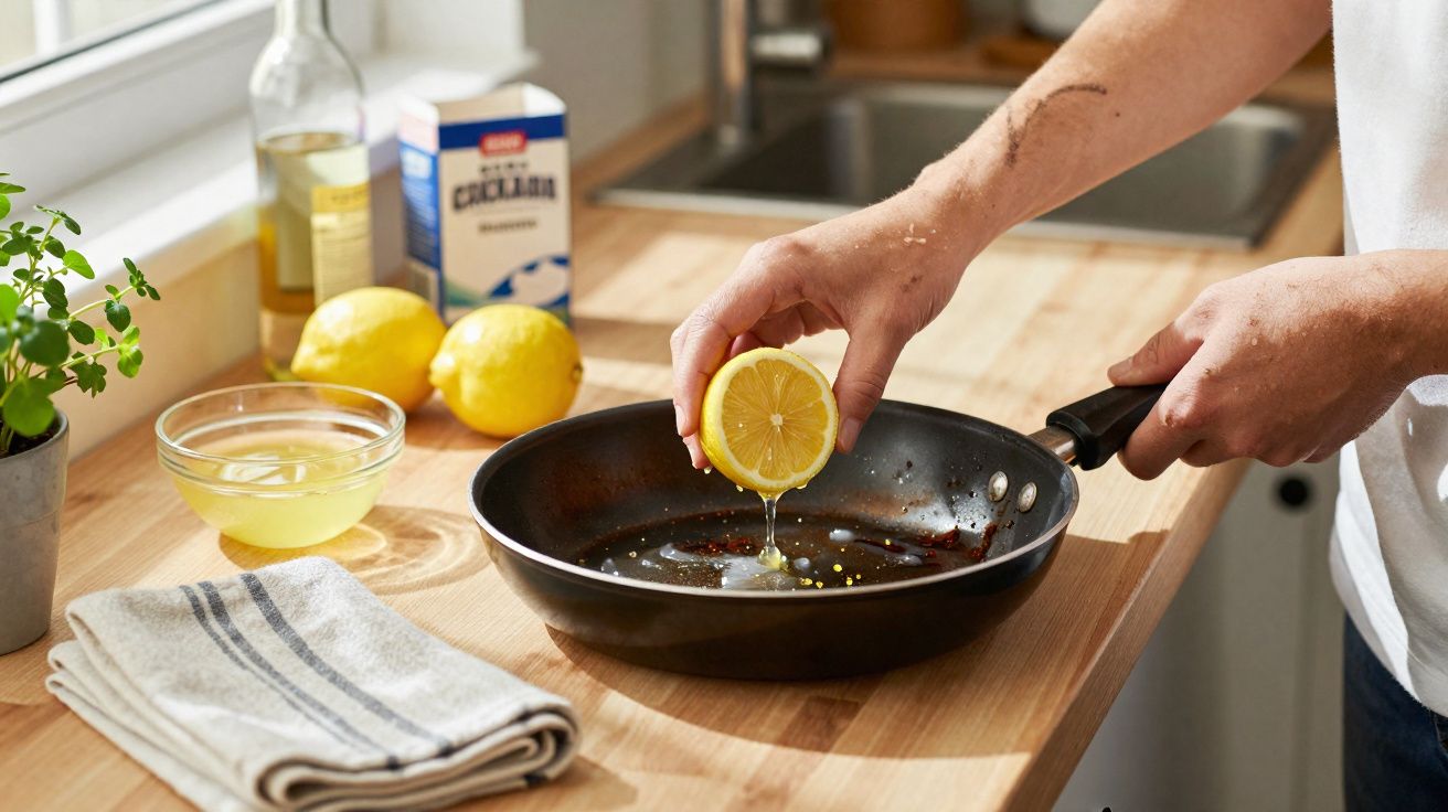 Pessoa a espremer limão num tacho preto numa cozinha com limões, azeite e chávena de sumo à volta.