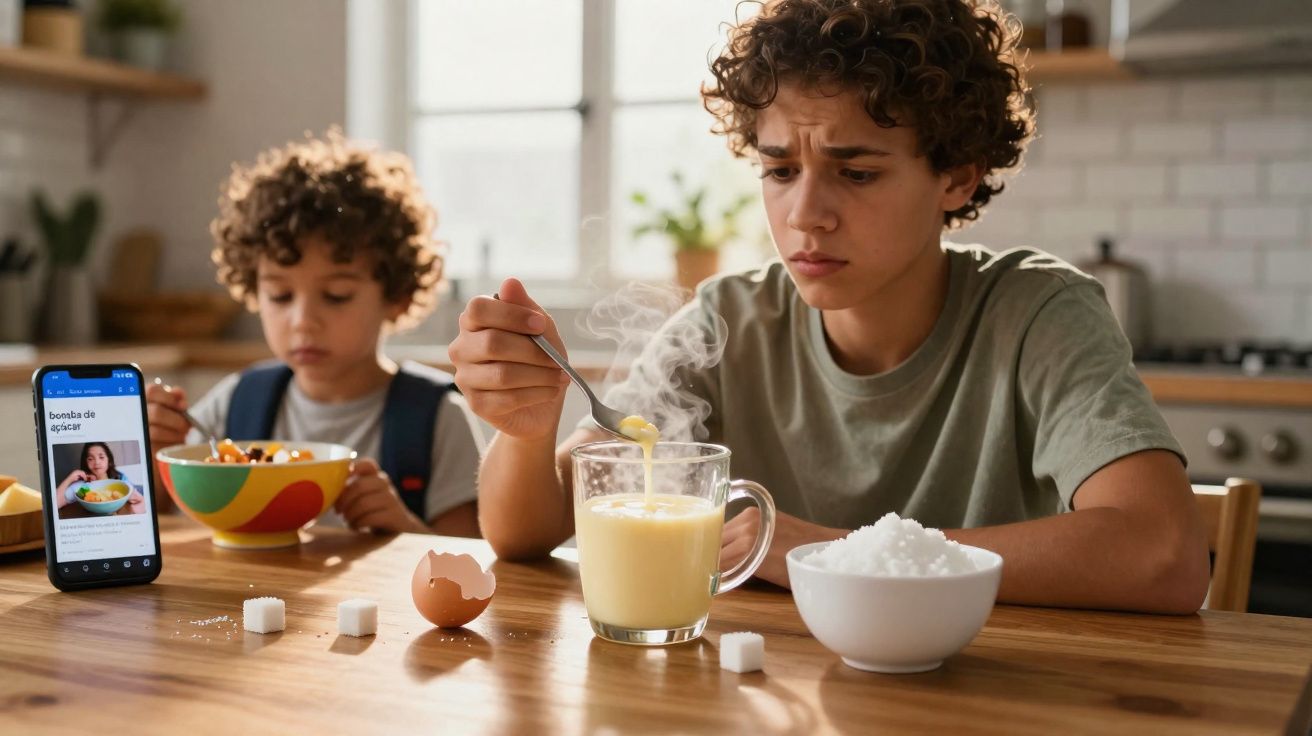 Adolescente atento a bebida quente fumegante, com criança ao fundo e ingredientes na mesa numa cozinha.