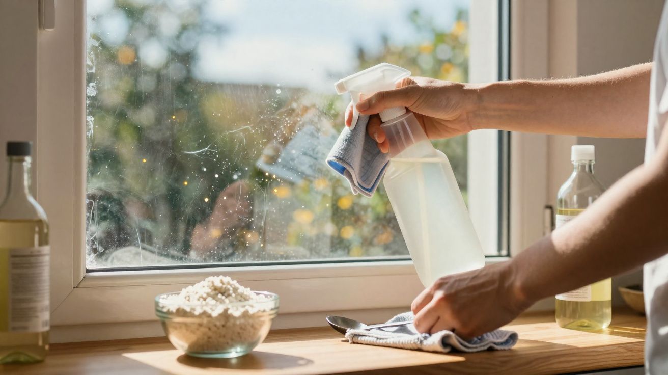 Pessoa a limpar janela de vidro com spray e pano, luz natural e mesa de madeira com produtos de limpeza.