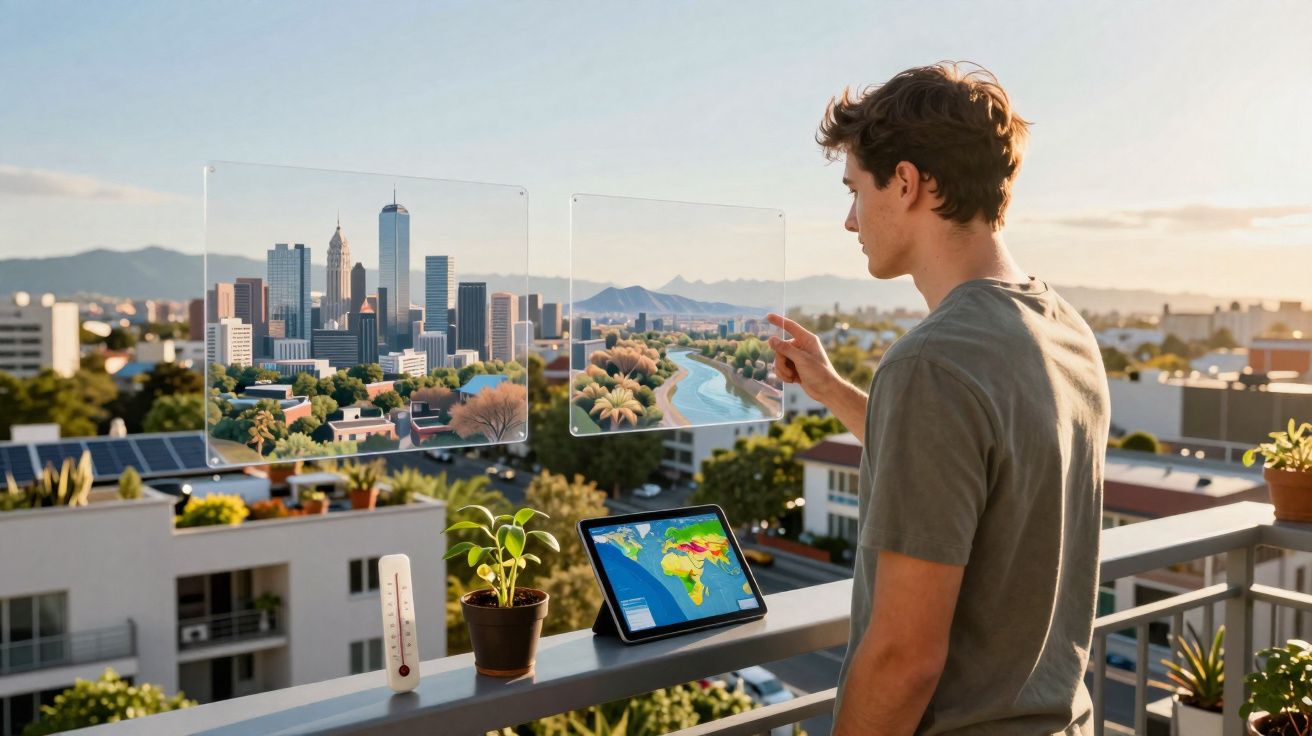 Homem manipula imagens virtuais de cidade e rio numa varanda com tablet, planta e termómetro ao pôr do sol.