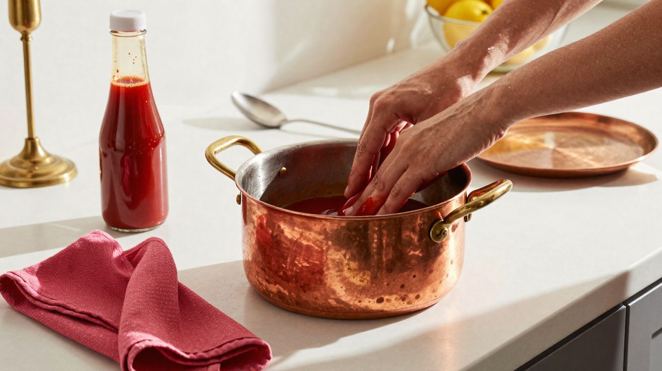 Mãos mergulhadas em molho vermelho dentro de panela de cobre numa cozinha com garrafa de molho e guardanapo vermelho.